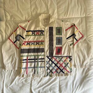 90's Cottage White Windbreaker Jacket w/ Multicolor Striped Plaid Design Size S